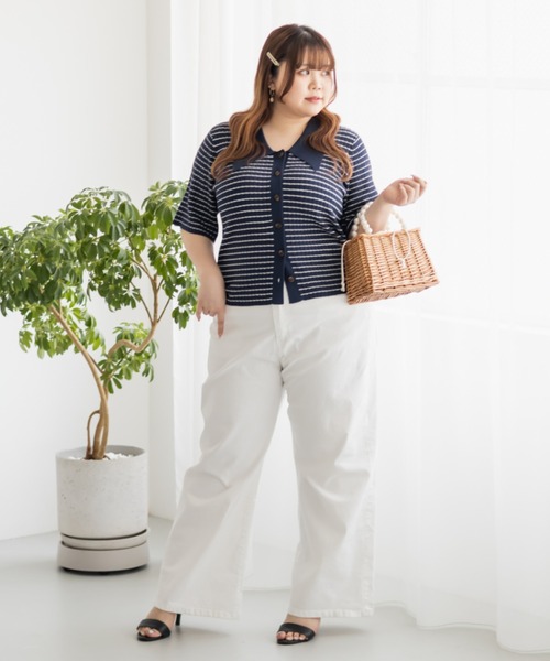 CLETTE(クレット)の「襟付きリブ編みボーダーニット(ニット/セーター・レディース・オフホワイト/ネイビー・LL/3L/4L)」の13枚目の写真