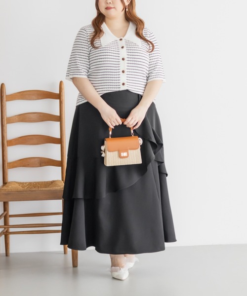 CLETTE(クレット)の「襟付きリブ編みボーダーニット(ニット/セーター・レディース・オフホワイト/ネイビー・LL/3L/4L)」の5枚目の写真