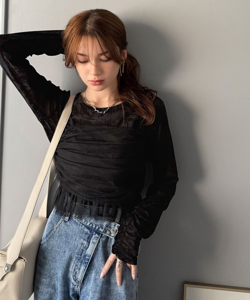 mily bilet(ミウィビレット)の「【mily bilet】大人可愛いを纏う。シアーベロアチュールビスチェアンサンブル(セット)(Tシャツ/カットソー・レディース・ブラウン/グレー/ブラック・X-LARGE/SMALL/MEDIUM/LARGE)」の4枚目の写真
