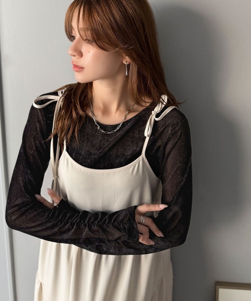 mily bilet(ミウィビレット)の「【mily bilet】大人可愛いを纏う。シアーベロアチュールビスチェアンサンブル(セット)(Tシャツ/カットソー・レディース・ブラウン/グレー/ブラック・X-LARGE/SMALL/MEDIUM/LARGE)」の5枚目の写真