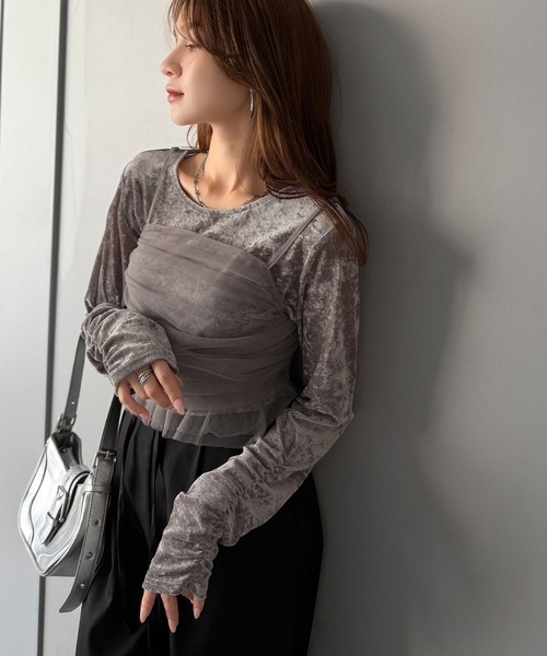 mily bilet(ミウィビレット)の「【mily bilet】大人可愛いを纏う。シアーベロアチュールビスチェアンサンブル(セット)(Tシャツ/カットソー・レディース・ブラウン/グレー/ブラック・X-LARGE/SMALL/MEDIUM/LARGE)」の7枚目の写真