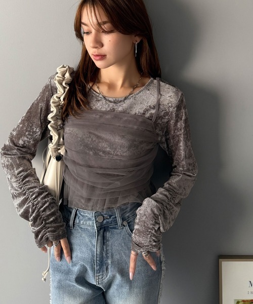 mily bilet(ミウィビレット)の「【mily bilet】大人可愛いを纏う。シアーベロアチュールビスチェアンサンブル(セット)(Tシャツ/カットソー・レディース・ブラウン/グレー/ブラック・X-LARGE/SMALL/MEDIUM/LARGE)」の12枚目の写真