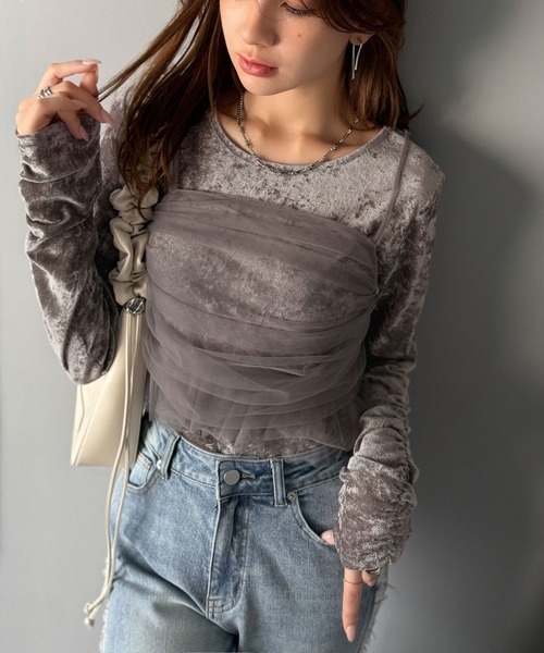mily bilet(ミウィビレット)の「【mily bilet】大人可愛いを纏う。シアーベロアチュールビスチェアンサンブル(セット)(Tシャツ/カットソー・レディース・ブラウン/グレー/ブラック・X-LARGE/SMALL/MEDIUM/LARGE)」の14枚目の写真