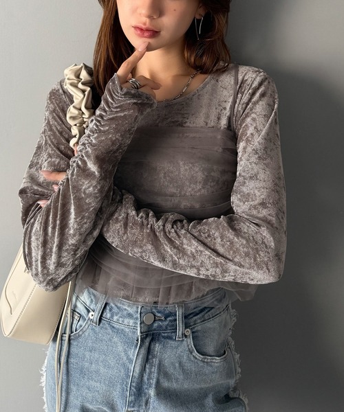 mily bilet(ミウィビレット)の「【mily bilet】大人可愛いを纏う。シアーベロアチュールビスチェアンサンブル(セット)(Tシャツ/カットソー・レディース・ブラウン/グレー/ブラック・X-LARGE/SMALL/MEDIUM/LARGE)」の10枚目の写真