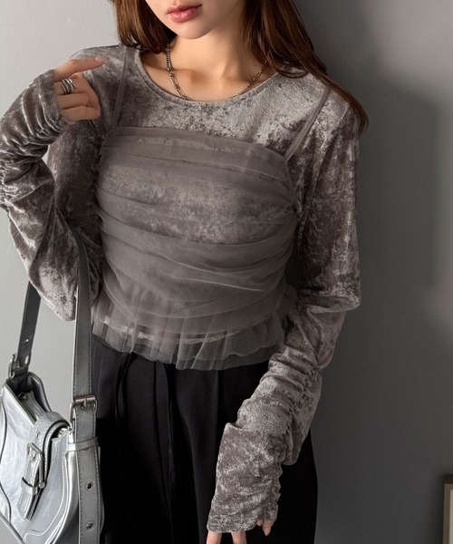 mily bilet(ミウィビレット)の「【mily bilet】大人可愛いを纏う。シアーベロアチュールビスチェアンサンブル(セット)(Tシャツ/カットソー・レディース・ブラウン/グレー/ブラック・X-LARGE/SMALL/MEDIUM/LARGE)」の8枚目の写真