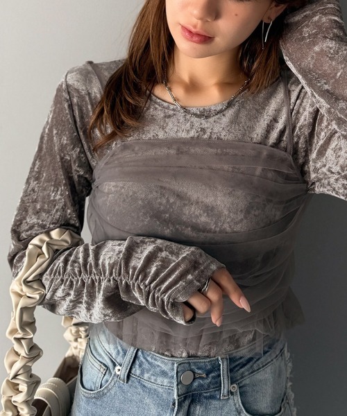 mily bilet(ミウィビレット)の「【mily bilet】大人可愛いを纏う。シアーベロアチュールビスチェアンサンブル(セット)(Tシャツ/カットソー・レディース・ブラウン/グレー/ブラック・X-LARGE/SMALL/MEDIUM/LARGE)」の11枚目の写真