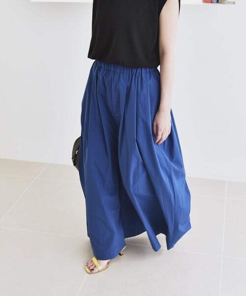 45R キュロットギャザーワイドパンツ　ストライプ　インディゴ　サイズ1 日本製 セール】quaranciel:〈洗濯機可能〉タイプライター ギャザー ワイド