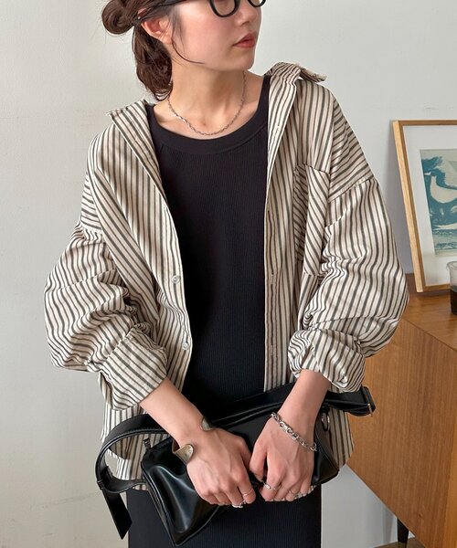 DISCOAT(ディスコート)の「【迷ったらコレ! /ユニセックス】ランダムストライプフリンジオーバーシャツ(シャツ/ブラウス・レディース・ベージュ/サックスブルー/キャメル・FREE)」の21枚目の写真