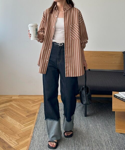 DISCOAT(ディスコート)の「【迷ったらコレ! /ユニセックス】ランダムストライプフリンジオーバーシャツ(シャツ/ブラウス・レディース・ベージュ/サックスブルー/キャメル・FREE)」の7枚目の写真