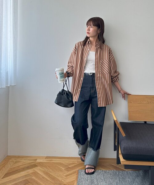 DISCOAT(ディスコート)の「【迷ったらコレ! /ユニセックス】ランダムストライプフリンジオーバーシャツ(シャツ/ブラウス・レディース・ベージュ/サックスブルー/キャメル・FREE)」の8枚目の写真