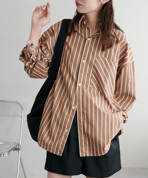 DISCOAT(ディスコート)の「【迷ったらコレ! /ユニセックス】ランダムストライプフリンジオーバーシャツ(シャツ/ブラウス・レディース・ベージュ/サックスブルー/キャメル・FREE)」の10枚目の写真