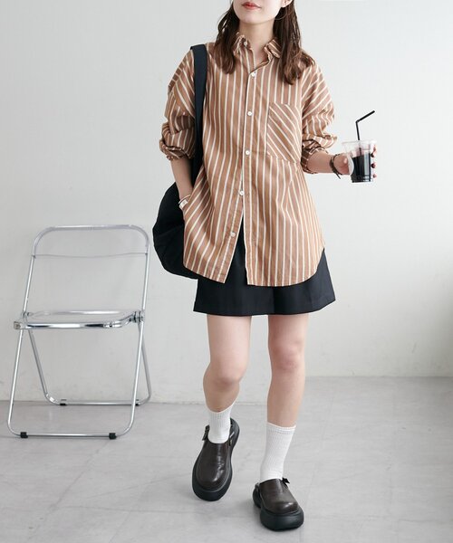 DISCOAT(ディスコート)の「【迷ったらコレ! /ユニセックス】ランダムストライプフリンジオーバーシャツ(シャツ/ブラウス・レディース・ベージュ/サックスブルー/キャメル・FREE)」の12枚目の写真