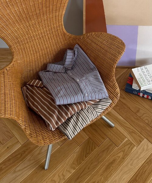 DISCOAT(ディスコート)の「【迷ったらコレ! /ユニセックス】ランダムストライプフリンジオーバーシャツ(シャツ/ブラウス・レディース・ベージュ/サックスブルー/キャメル・FREE)」の15枚目の写真