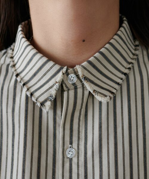 DISCOAT(ディスコート)の「【迷ったらコレ! /ユニセックス】ランダムストライプフリンジオーバーシャツ(シャツ/ブラウス・レディース・ベージュ/サックスブルー/キャメル・FREE)」の16枚目の写真