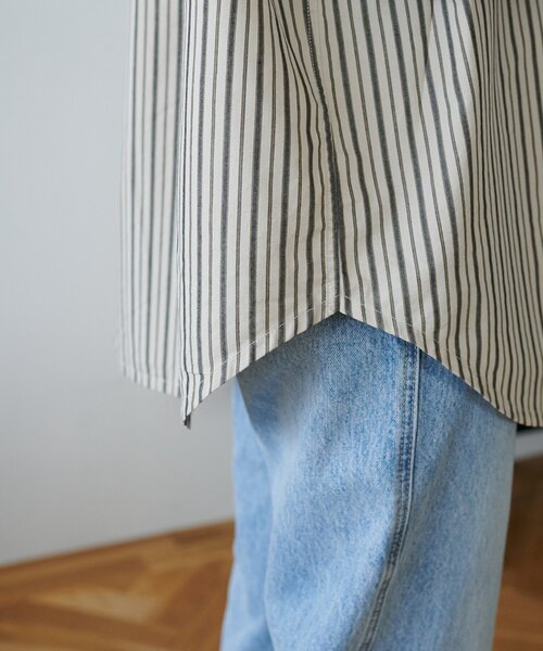 DISCOAT(ディスコート)の「【迷ったらコレ! /ユニセックス】ランダムストライプフリンジオーバーシャツ(シャツ/ブラウス・レディース・ベージュ/サックスブルー/キャメル・FREE)」の19枚目の写真