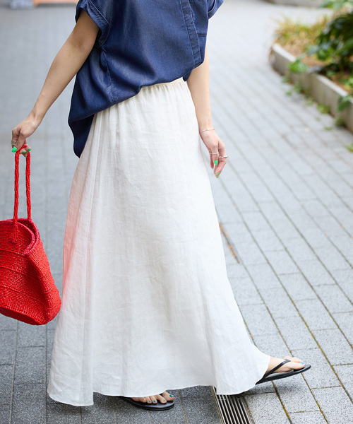 B.C STOCK（ベーセーストック）の「《追加8》手洗い可 / フレンチリネンギャザースカート（スカート・レディース・ブルー/カーキ/ホワイト/ブラックミックス・FREE）」の2枚目の写真