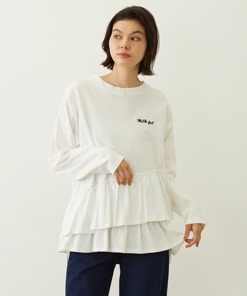 MILKFED.(ミルクフェド)の「ASYMMETRIC FRILL TOP(Tシャツ/カットソー・レディース・ブラック/ライトピンク/ホワイト・ONE SIZE)」の2枚目の写真