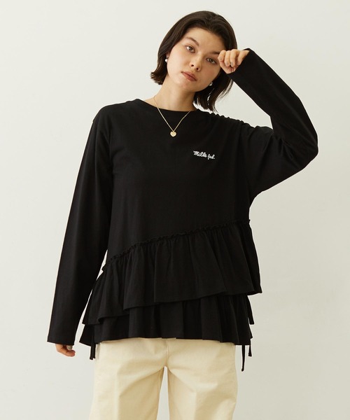 MILKFED.(ミルクフェド)の「ASYMMETRIC FRILL TOP(Tシャツ/カットソー・レディース・ブラック/ライトピンク/ホワイト・ONE SIZE)」の1枚目の写真