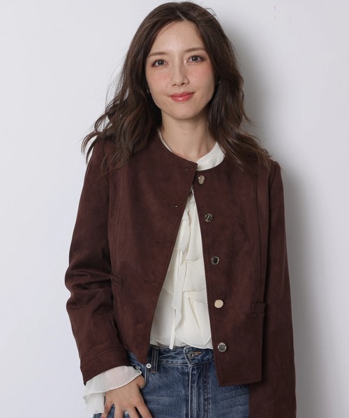 ノーカラースウェードジャケット リエルリシェ rielle riche ノーカラーフェイクスウェードジャケット（ネイビー）
