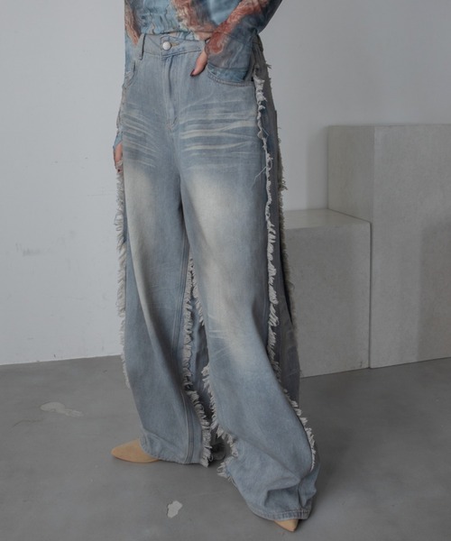ペイントウォッシュ加工フリンジデニム（デニムパンツ）｜VACANCY