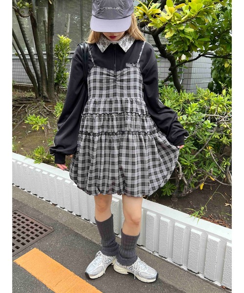 WC(ダブル シー)の「バルーンチェックミニキャミワンピース(ワンピース・レディース・ブラック/グリーン・FREE)」の6枚目の写真