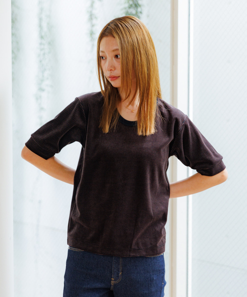 Rouge vif la cle（ルージュヴィフラクレ）の「【Le Melange/ル・メランジュ】ベロアボーダーTシャツ/#8541007/ボーダー/ベロア【WEB限定】（Tシャツ/カットソー・レディース・ブラウン/サックスブルー/レッド・フリー）」の13枚目の写真