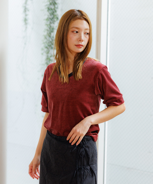 Rouge vif la cle（ルージュヴィフラクレ）の「【Le Melange/ル・メランジュ】ベロアボーダーTシャツ/#8541007/ボーダー/ベロア【WEB限定】（Tシャツ/カットソー・レディース・ブラウン/サックスブルー/レッド・フリー）」の20枚目の写真