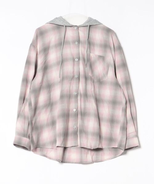 Never mind the XU / Chikashitsu+（ネバーマインド ザ エックスユー / チカシツプラス）の「【nmtc+】sweat hooded check shirts / 【エヌエムティーシープラス】フード付き長袖チェックシャツ（シャツ/ブラウス・メンズ・グレー/ピンク・ONE SIZE）」の4枚目の写真