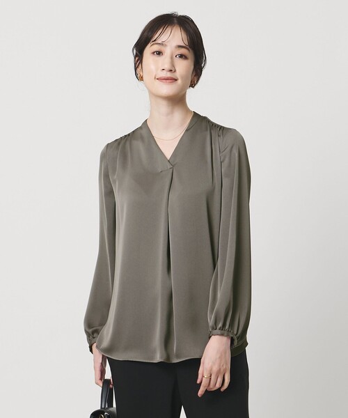 バック サテン Vネック ロングスリーブ ブラウス
