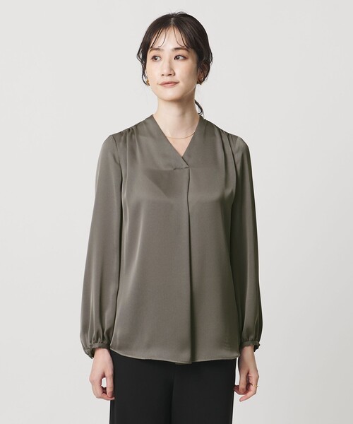 バック サテン Vネック ロングスリーブ ブラウス ‐ウォッシャブル