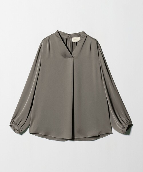 バック サテン Vネック ロングスリーブ ブラウス ‐ウォッシャブル