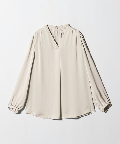 バック サテン Vネック ロングスリーブ ブラウス ‐ウォッシャブル