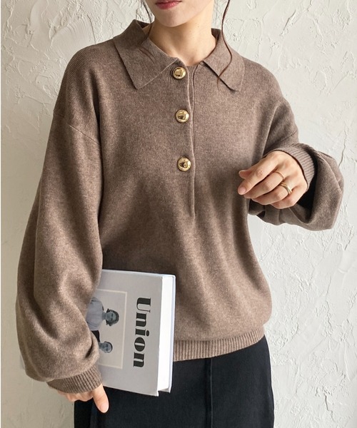 セール】襟付き長袖金ボタンヘンリーネックポロニット（ニット