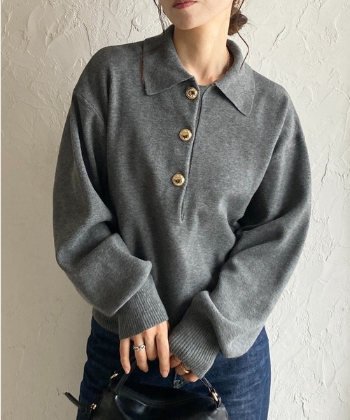 セール】襟付き長袖金ボタンヘンリーネックポロニット（ニット