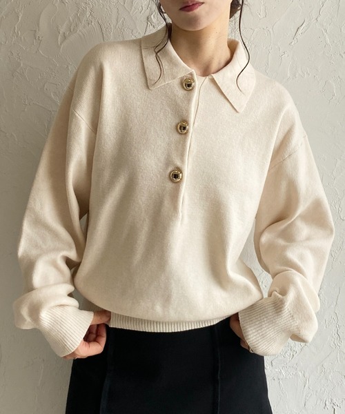 セール】襟付き長袖金ボタンヘンリーネックポロニット（ニット