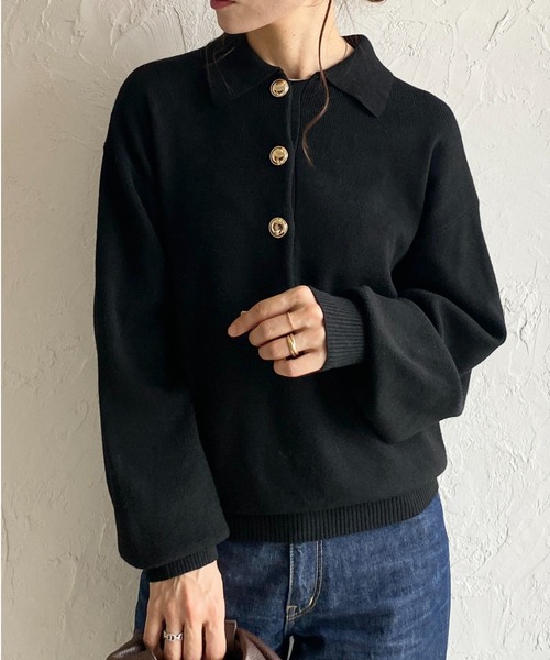 セール】襟付き長袖金ボタンヘンリーネックポロニット（ニット
