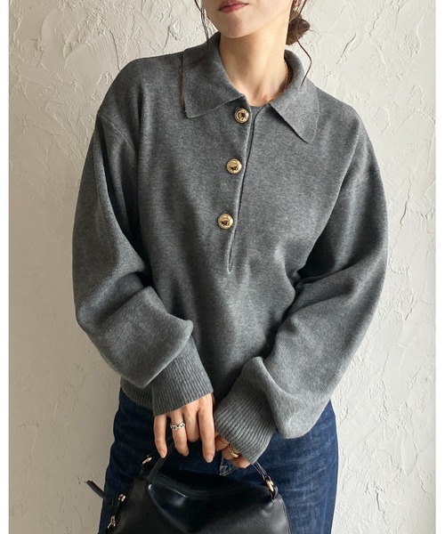 セール】襟付き長袖金ボタンヘンリーネックポロニット（ニット