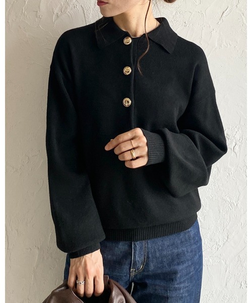 セール】襟付き長袖金ボタンヘンリーネックポロニット（ニット
