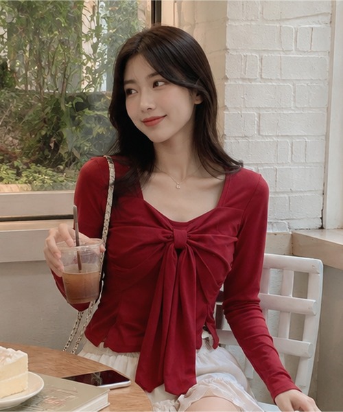 Nia（ニア）の「Nia(ニア)/リボンデザイン　クロップド長袖カットソー（Tシャツ/カットソー・レディース・レッド/グレー・SMALL/MEDIUM）」の16枚目の写真