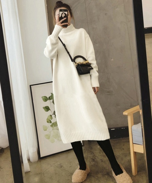 Miniministore(ミニミニストア)の「ハイネックニットワンピースゆったり秋冬服(ワンピース・レディース・ブラック/オフホワイト/ダークグレー/モカ・FREE)」の2枚目の写真