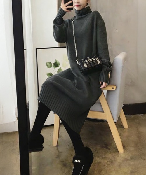 Miniministore(ミニミニストア)の「ハイネックニットワンピースゆったり秋冬服(ワンピース・レディース・ブラック/オフホワイト/ダークグレー/モカ・FREE)」の3枚目の写真