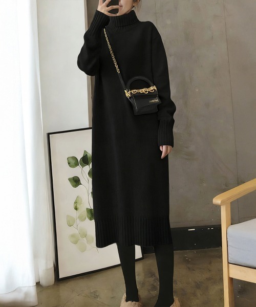 Miniministore(ミニミニストア)の「ハイネックニットワンピースゆったり秋冬服(ワンピース・レディース・ブラック/オフホワイト/ダークグレー/モカ・FREE)」の1枚目の写真