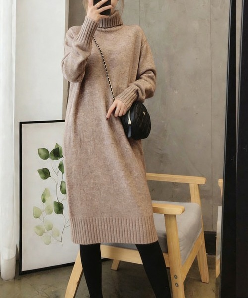 Miniministore(ミニミニストア)の「ハイネックニットワンピースゆったり秋冬服(ワンピース・レディース・ブラック/オフホワイト/ダークグレー/モカ・FREE)」の5枚目の写真