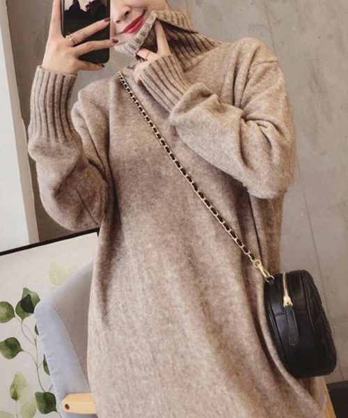 Miniministore(ミニミニストア)の「ハイネックニットワンピースゆったり秋冬服(ワンピース・レディース・ブラック/オフホワイト/ダークグレー/モカ・FREE)」の6枚目の写真