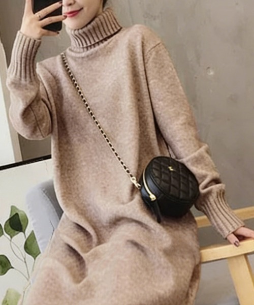 Miniministore(ミニミニストア)の「ハイネックニットワンピースゆったり秋冬服(ワンピース・レディース・ブラック/オフホワイト/ダークグレー/モカ・FREE)」の7枚目の写真