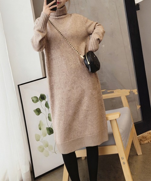 Miniministore(ミニミニストア)の「ハイネックニットワンピースゆったり秋冬服(ワンピース・レディース・ブラック/オフホワイト/ダークグレー/モカ・FREE)」の8枚目の写真