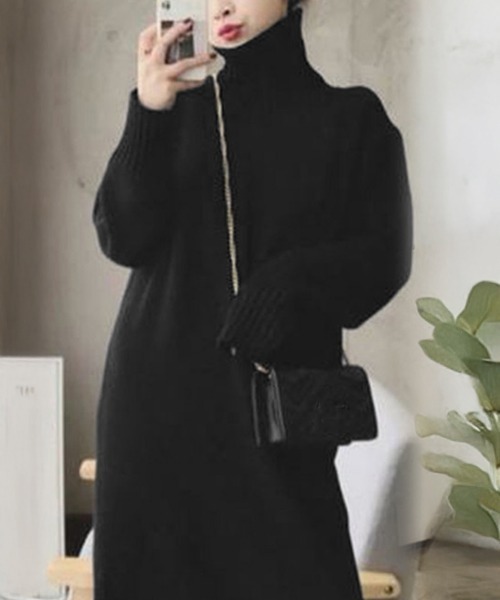 Miniministore(ミニミニストア)の「ハイネックニットワンピースゆったり秋冬服(ワンピース・レディース・ブラック/オフホワイト/ダークグレー/モカ・FREE)」の9枚目の写真