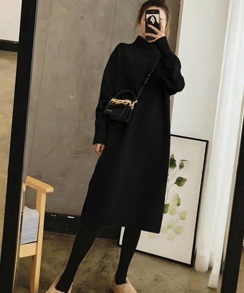 Miniministore(ミニミニストア)の「ハイネックニットワンピースゆったり秋冬服(ワンピース・レディース・ブラック/オフホワイト/ダークグレー/モカ・FREE)」の10枚目の写真