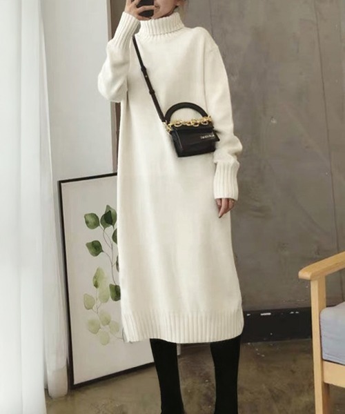 Miniministore(ミニミニストア)の「ハイネックニットワンピースゆったり秋冬服(ワンピース・レディース・ブラック/オフホワイト/ダークグレー/モカ・FREE)」の12枚目の写真