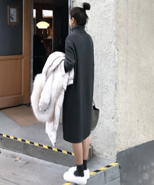 Miniministore(ミニミニストア)の「ハイネックニットワンピースゆったり秋冬服(ワンピース・レディース・ブラック/オフホワイト/ダークグレー/モカ・FREE)」の14枚目の写真